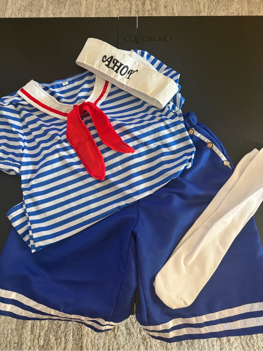 Sailor-Inspired Blue & White Striped Top with Red Scarf